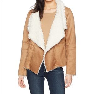 BB Dakota Faux Suede Shearling Draped Coat in Tan and Ivory